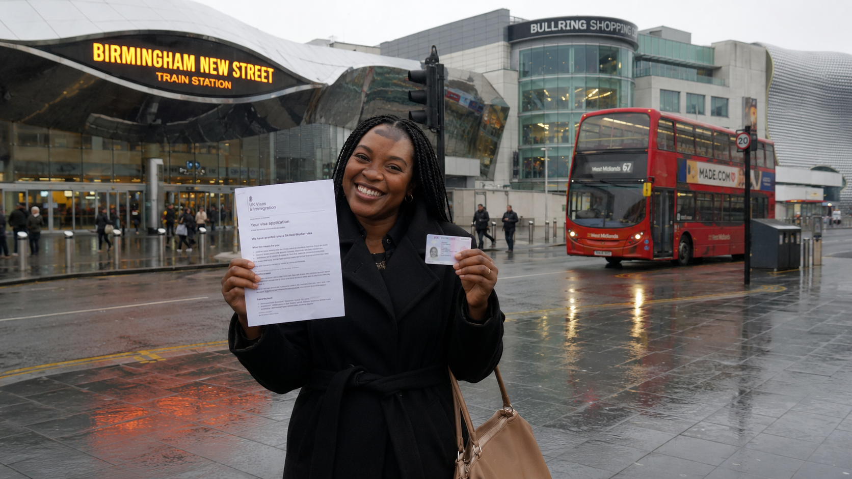 A woman celebrating after being granted a UK Skilled Worker visa